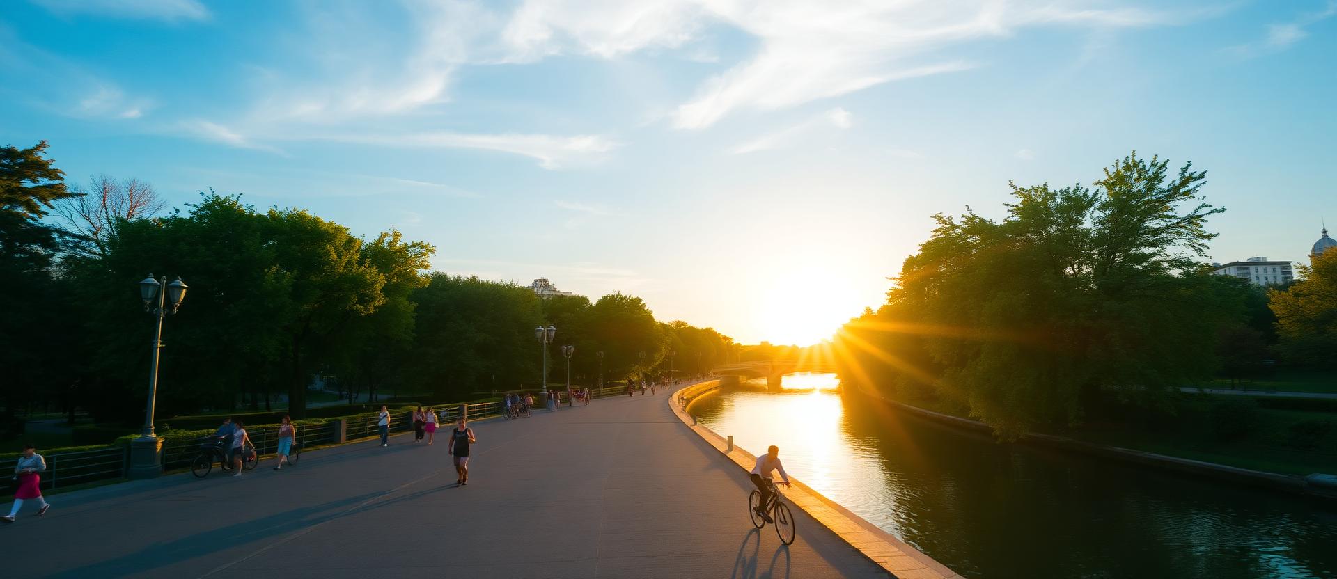 Paseo de Madrid Río al atardecer junto al Manzanares
